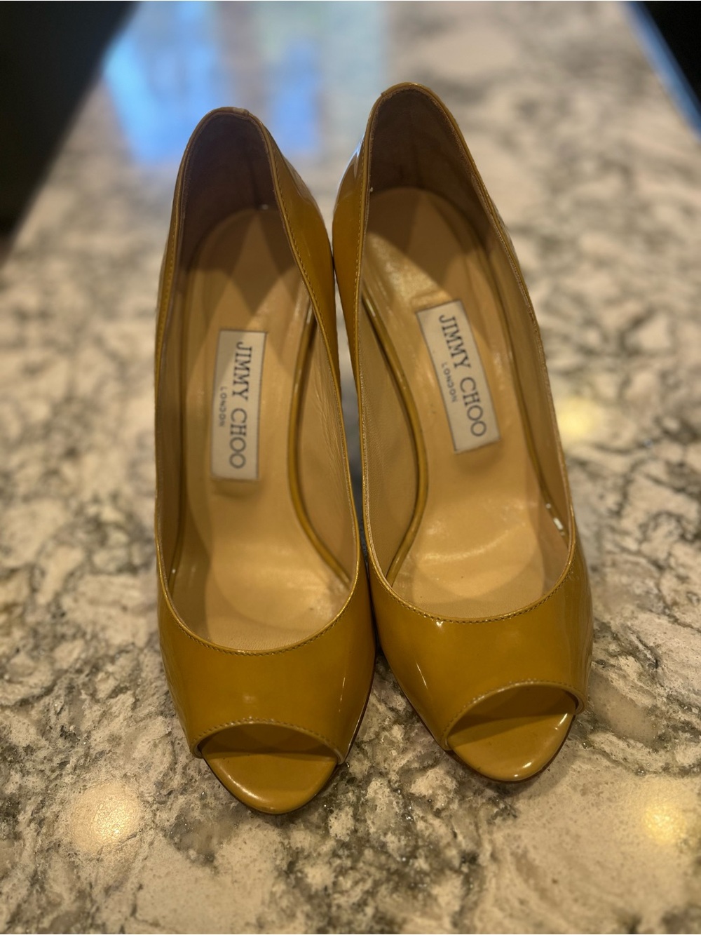 Jimmy Choo Mustard Patent Leather Peep-Toe Pumps